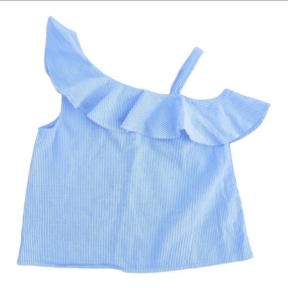 H&M Girls One-Shoulder Ruffle Tops light Blue White Stripes Size 12 (12-13 Years - Picture 2 of 9